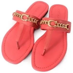 Coach Coral Red Leather Chain-Accent Thong Sandals